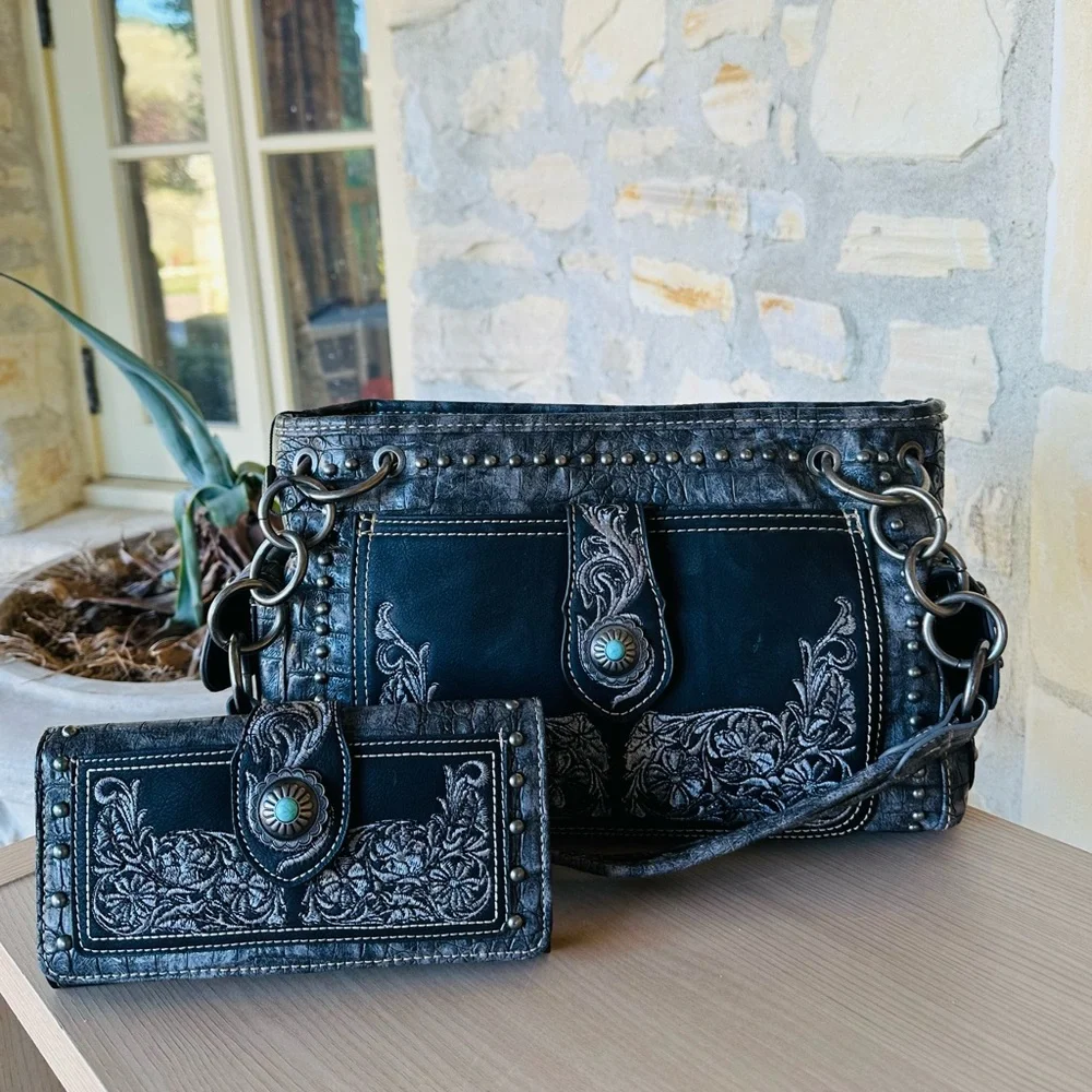 Montana west embroidery buckle black shoulder bag&wallet NWT